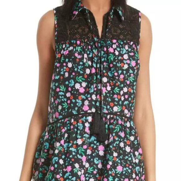 Kate Spade Floral Silk Cotton Blouse Womens Large Sleeveless Green Lace Peplum - Picture 9 of 9